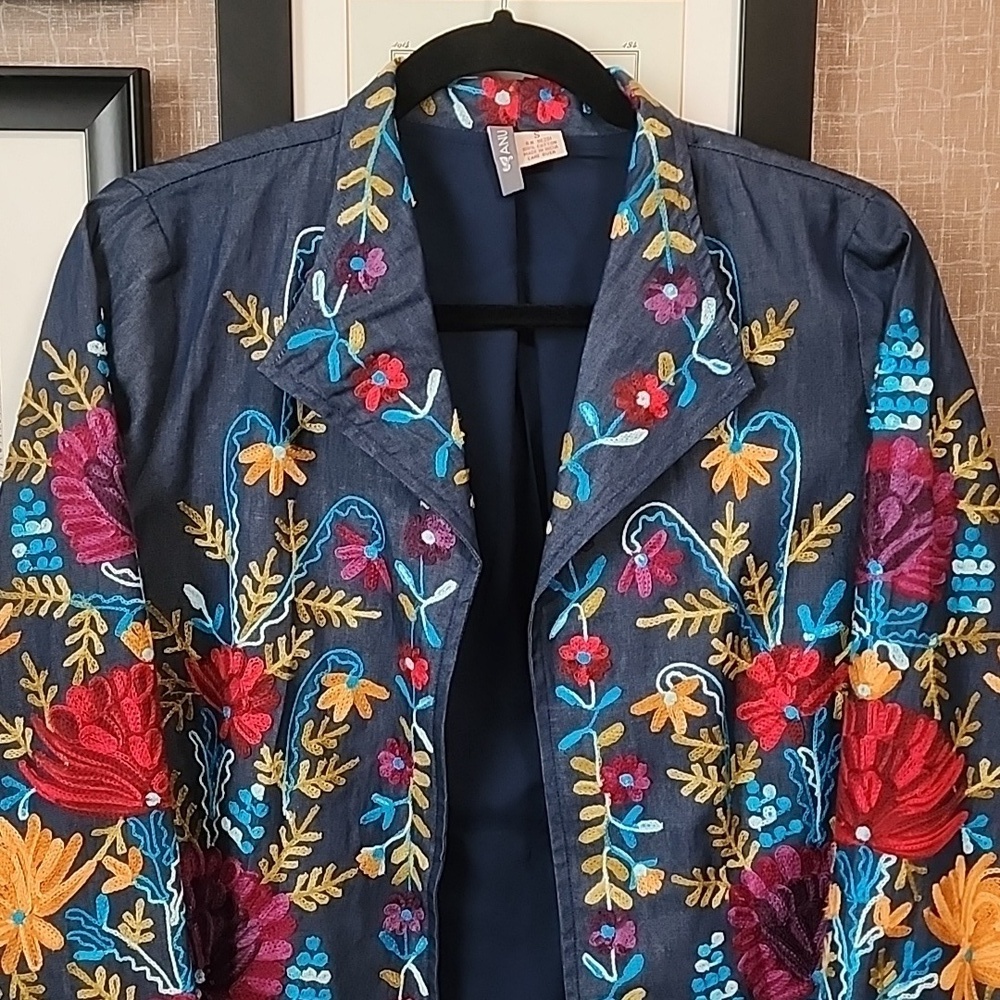 Anu Embroidered Denim Open Front Light Jacket - Picture 3 of 13